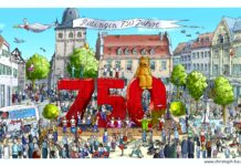 Fahrplan des Spielmobils „Felix“ im September Wimmelbild zum Stadtjubiläum mir Felix auf dem Marktplatz, Bild: Stadt Ratingen/Christoph Baum