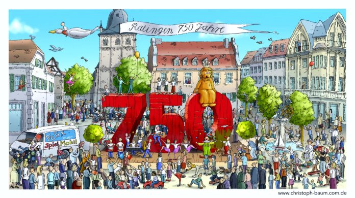 Felix Marktplatz750 mit Rand Wimmelbild zum Stadtjubiläum mir Felix auf dem Marktplatz, Bild: Stadt Ratingen/Christoph Baum