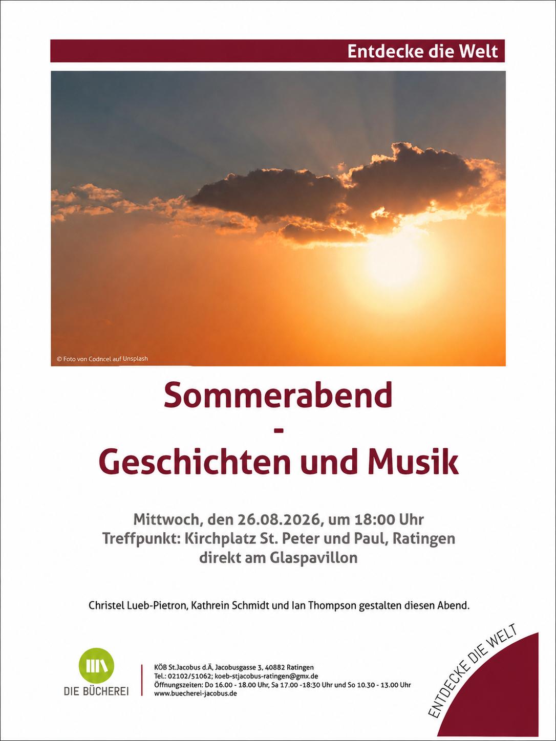 Flyer zur Veranstaltungsreihe der KÖB am Glaspavillion vor St. Peter&Paul, Bild: Veranstalter