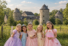 Kleine Prinzessinnen vor großer Kulisse So schön kann der Tag werden wenn es nicht regnet, Bild: KI generierte Prinzessinnen vor Haus zum Haus