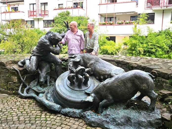 2026-09-24Schweinehirt-Denkmal Die Vorlesepaten Marie-Theres Eppner und Dieter Gerigk befassen sich mit lokalen Sagen. Das Verkeshirdendenkmal erinnert an die Geschichte vom Auffinden der Marienglocke „Märch“ durch den Schweinehirten und seine Tiere. Foto: Stadt Ratingen