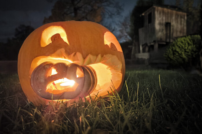 Halloween_Kuerbis_IMG_20251031_182202 Ein geschnitzter Halloween-Kürbis leuchtet in dunkler Nacht. Foto: Mathias Kehren